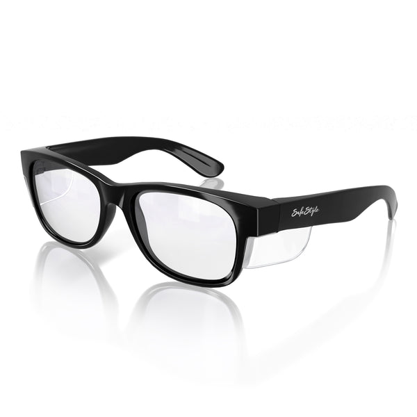 Classics safety glasses, black frame, clear lens, 3/4 angle view