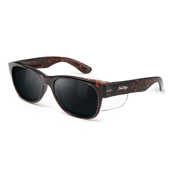 Brown tort Classics safety glasses with polarised lenses at an angle