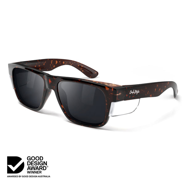 Brown tort Fusions safety glasses with polarised lenses at an angle