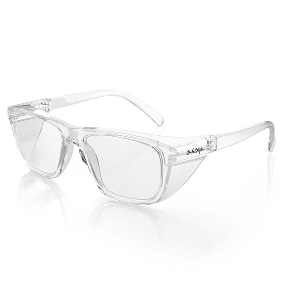 Lites Square safety glasses with clear frame and lens, shown at an angle