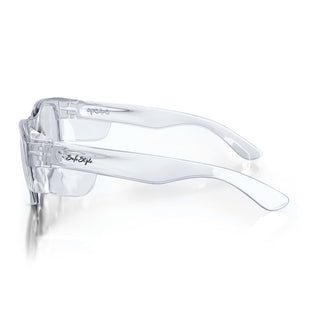 Classics Clear Prescription Safety Glasses, side view, transparent frame and UV400 lens