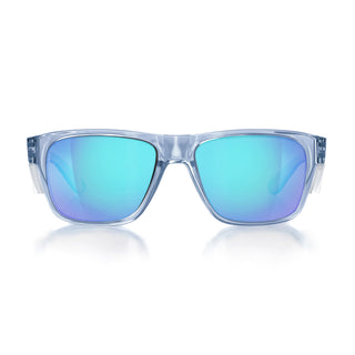 Fusions safety glasses, front view, blue frame and polarised lens