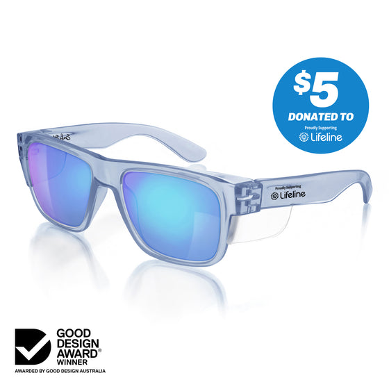 Fusions Blue Frame Mirrors Blue Polarised Lens Safety Glasses at an angle