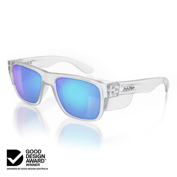 Fusions safety glasses with blue polarised lens at an angle