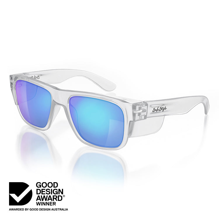 Fusions Clear Frame Mirrors Blue Polarised Lens Safety Glasses