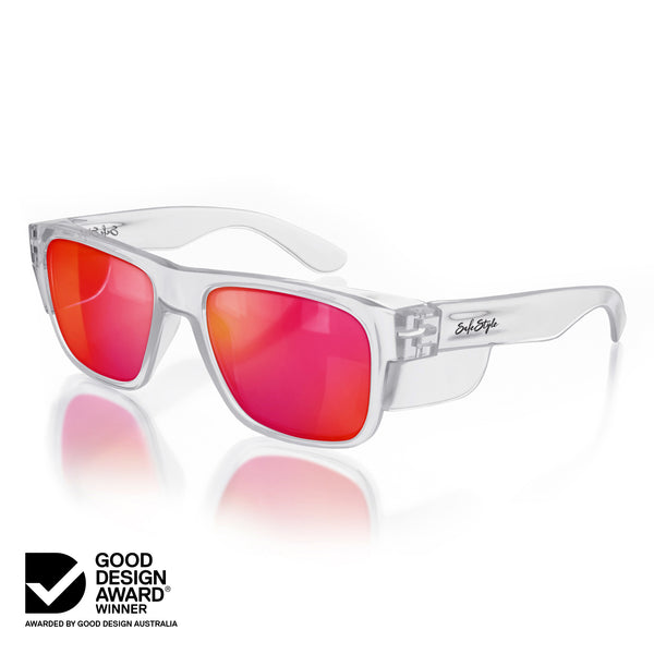 Fusions Clear Frame Mirrors Red Polarised Lens Safety Glasses, angled view, reflective red lenses