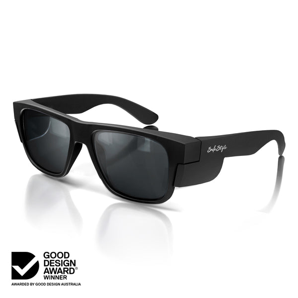 Matte black Fusions safety glasses with polarised lens at an angle