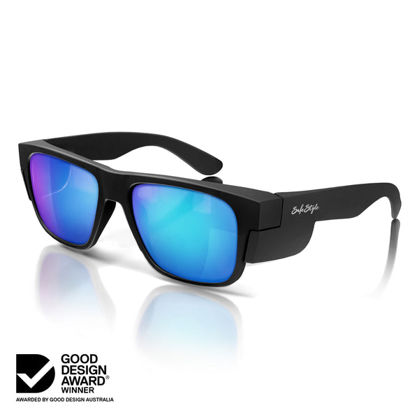 Matte black Fusions safety glasses with reflective blue polarised lenses at an angle