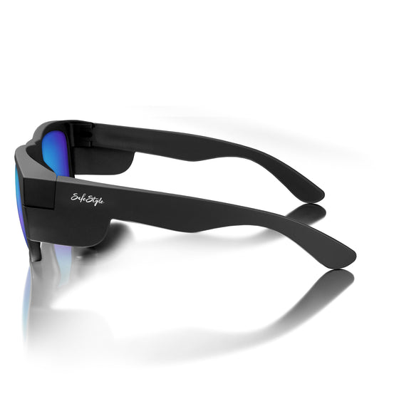 Fusions Matte Black Frame Mirrors Blue Polarised Lens Safety Glasses
