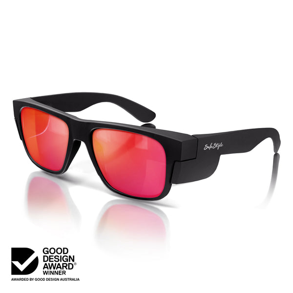 Fusions Matte Black Frame Mirrors Red Polarised Lens Safety Glasses, angled view