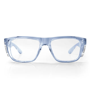 Fusions XL safety glasses, front view, blue frame, clear lens