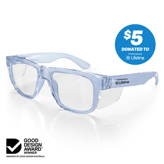Fusions XL safety glasses, blue frame, clear lens, angled view