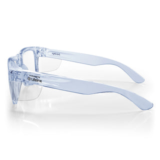 Fusions XL safety glasses in blue frame with clear lens, shown from side angle