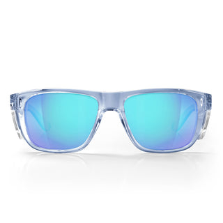 Fusions XL blue frame safety glasses with reflective blue polarised lens, front view
