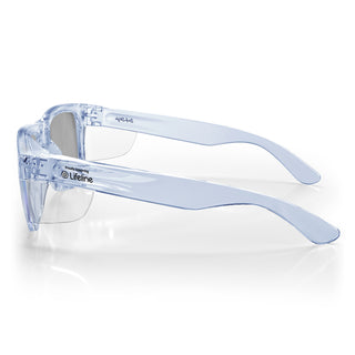 Fusions XL blue frame safety glasses with reflective blue UV400 lens, side view