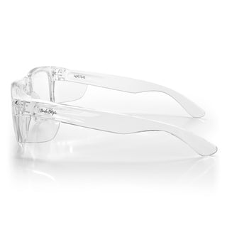Fusions XL safety glasses in clear frame with clear lens, shown from side angle