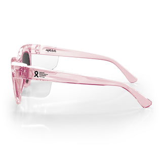 Harps safety glasses, pink frame, grey polarised lens, side view