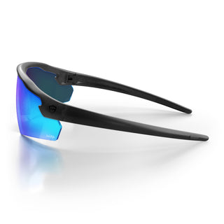 Phantoms safety glasses in matte black frame with reflective blue lens, side view