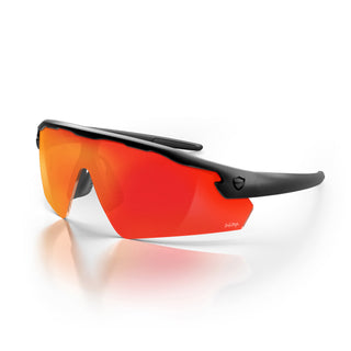 Phantoms safety glasses with matte black frame and reflective red lens at an angle