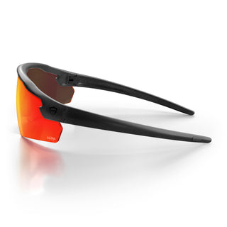 Phantoms safety glasses in matte black frame with reflective red lens, side view
