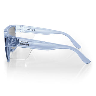 Primes Blue Frame Reflectors with blue lens, side view, showing protective eyewear with one-piece lens and bold frame.