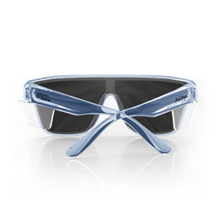 Primes Blue Frame Reflectors Blue Lens Safety Glasses, back view with reflective blue UV400 lens