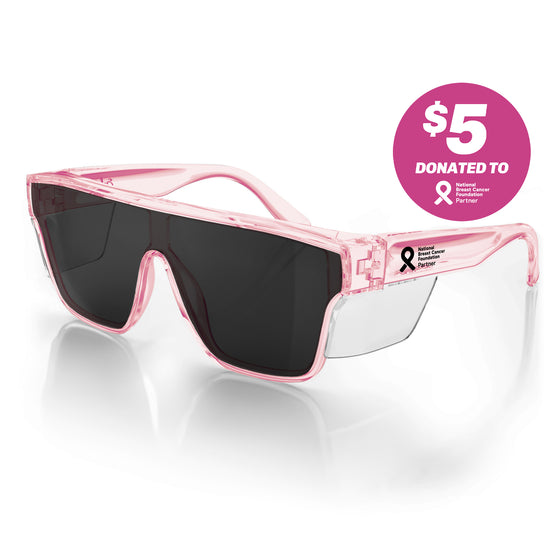 Primes Pink Frame safety glasses with grey polarised lens at an angle