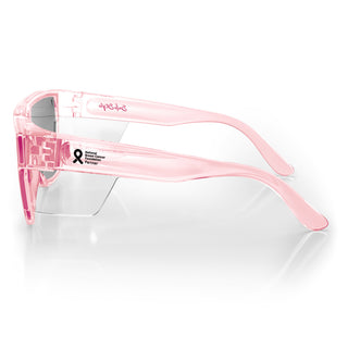 Primes safety glasses in pink frame with grey polarised lens, side view