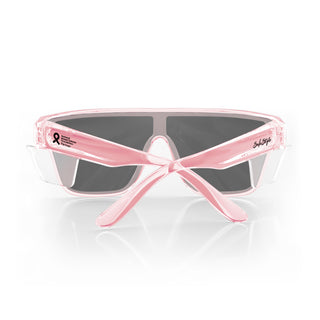 Primes Pink Frame safety glasses, back view, grey polarised lens