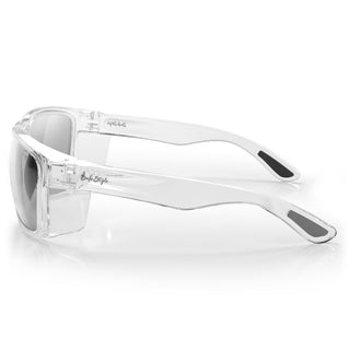 Rapids Clear Frame Hybrids with photochromic lens, side view showing wrap-around frame