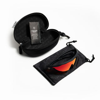 Matte black Phantoms safety glasses with red lenses, front view