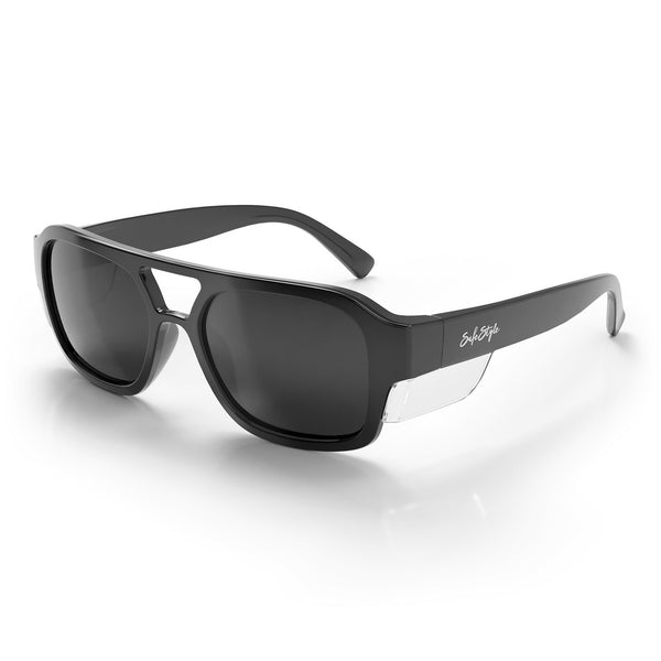 Skylines black frame sunglasses with grey polarised lens at an angle