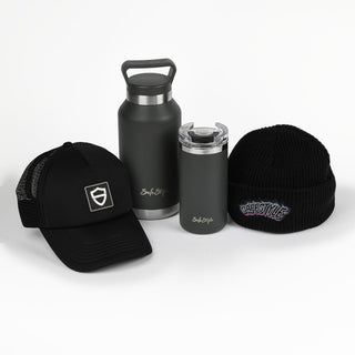 Bundle featuring water bottle, coffee cup, trucker hat, and beanie.