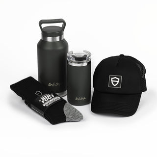 Bundle featuring water bottle, coffee cup, socks, and trucker hat, styled together.