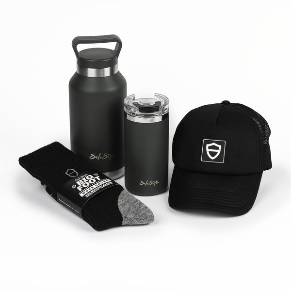 Bundle featuring water bottle, coffee cup, socks, and trucker hat, styled together.