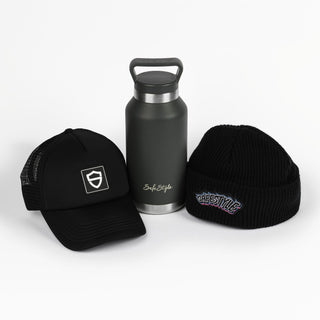 Water bottle, trucker hat, and beanie bundle on display