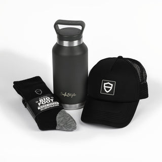 Big Juicy water bottle, Shield Trucker Hat, and SafeStyle socks bundled together