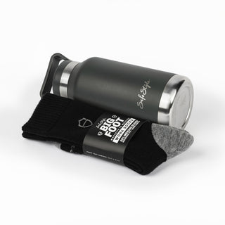 Big Juicy 1L Water Bottle and socks bundle, front view, with bottle and socks displayed together