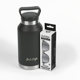 Fusions Glasses and Big Juicy Water Bottle bundle, front view, showcasing both products together