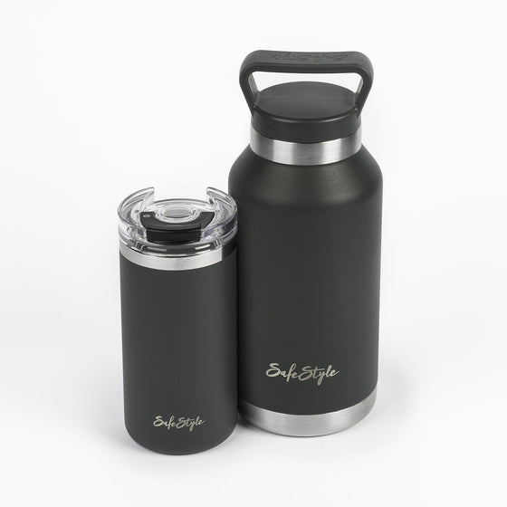 Big Juicy water bottle and Big Brew travel cup side by side