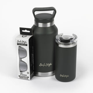Fusions safety glasses, water bottle, and coffee cup in a bundle